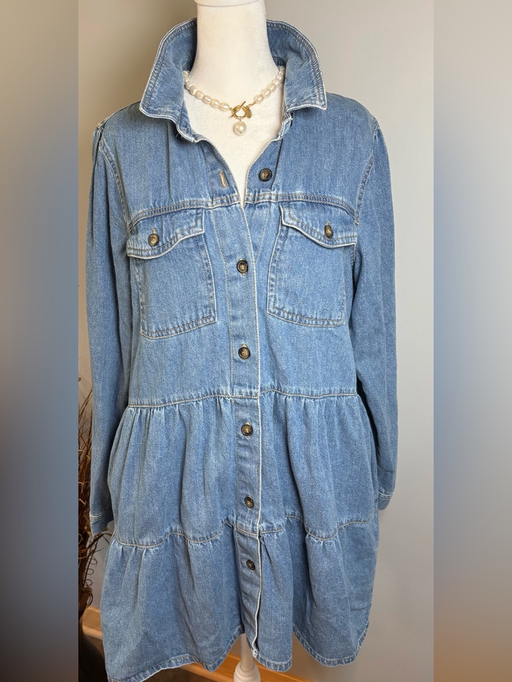 Free People Denim Tiered Mini Shirt Dress Tunic Large